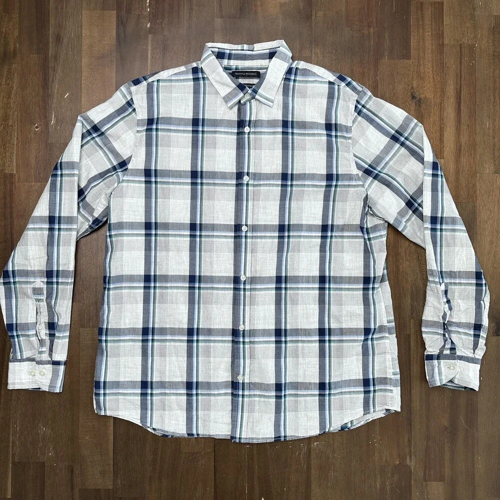 Banana Republic Untucked Shirt Mens XL Tall Blue Green Plaid Standard Fit Casual